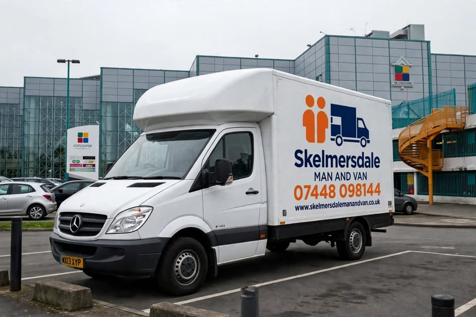 Our white Luton van with Skelmersdale Man and Van livery, parked outside the Concourse in Skelmersdale